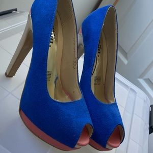 Blue and pink suede heels